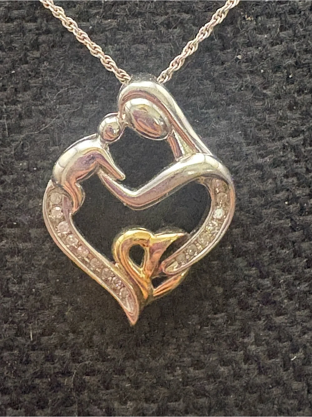 Heart Embrace Two-Tone Pendant Necklace - Silver & Gold, Mother & Child, Diamond